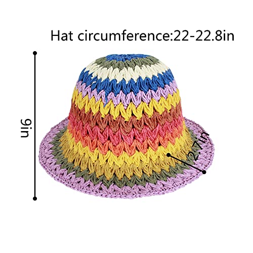 Women Straw Sun Hat Floral Woven Crochet Bucket Hat Y2k Aesthetic Accessories Beach Hat Hand Woven Boho Foldable Cap - color: Striped B