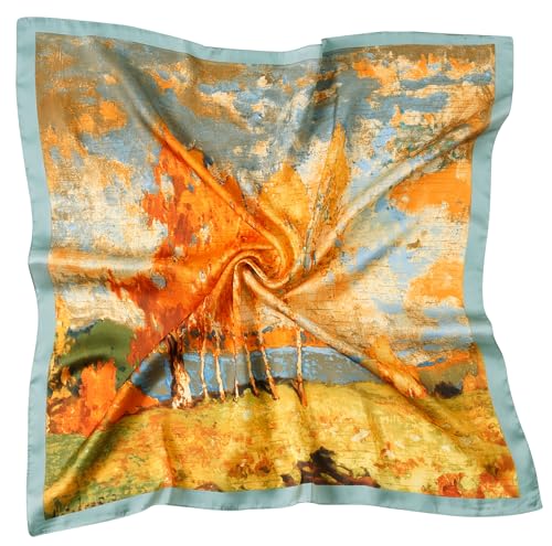 CHUNG Women's Scarf Hair Bandanas Square 27.5" Satin Wrap Fashion Pattern Scarves Emulation Silk Handbag Ribbons Necktie - color: Birch Forest