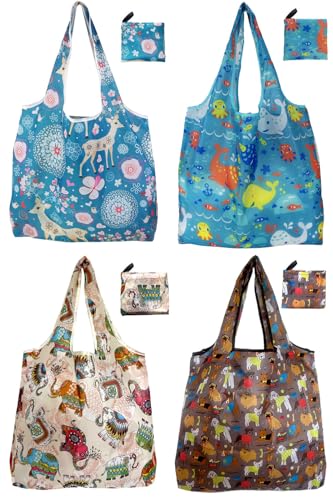 Foldable Reusable Grocery Bags, 4 Pack Large Shopping Tote Bags, Durable & Machine Washable Lightweight Totes for Travel, Groceries & Daily Essentials - color: Whale 4 Pack