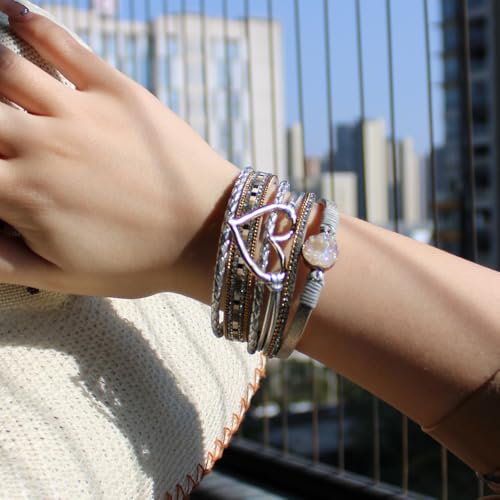 Womens Multi Layer Heart Leather Wrap Bracelet Boho Stackable Cuff Bangle Magnetic Clasp Crystal Birthday Valentine Gift - color: White-gold