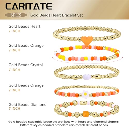 Gold Beaded Bracelets for Women: 14K Gold Bracelets for Women Trendy Dainty Gold Ball Bracelet Stack for Womens - Boho Stretch Bracelets Jewelry Sets with Cross Fashion Accessories Gifts for Women - style: Orange Heart
