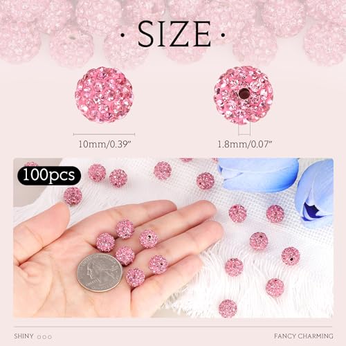 100pcs 10mm Rhinestone Beads for Jewelry Making, Dark Pink Shiny Round Shamballa Disco Ball Beads Bulk, Sparkle Crystal Clay Christmas for Bracelet Baseball Necklace Earring Crafting and DIY - color: Dark Pink, size: 10mm/100pcs