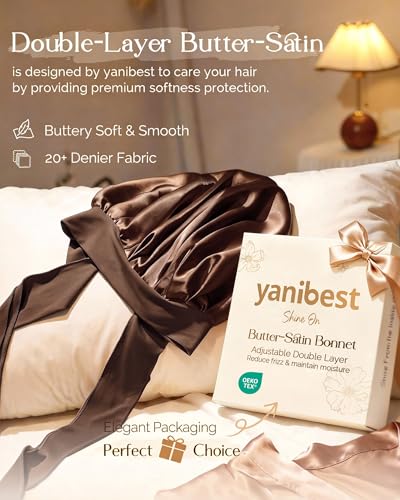 YANIBEST Adjustable Satin Bonnet for Sleeping Women Double Layer Hair Wrap Reduce Friction Prevent Frizz Natural Curly Hair - color: Brown