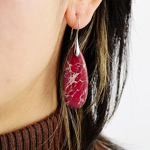 SELOVO Stone Fishhook Dangle Drop Earrings Statement Earrings for Women Stone - color: Red-Silver Color Hook