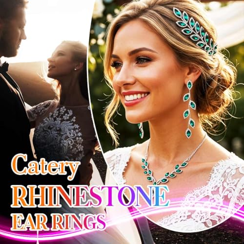 Catery Crystal Wedding Earrings Rhinestones Dangling Earrings Leaf Bridal Ear Jewelry for Brides and Women - color: Green