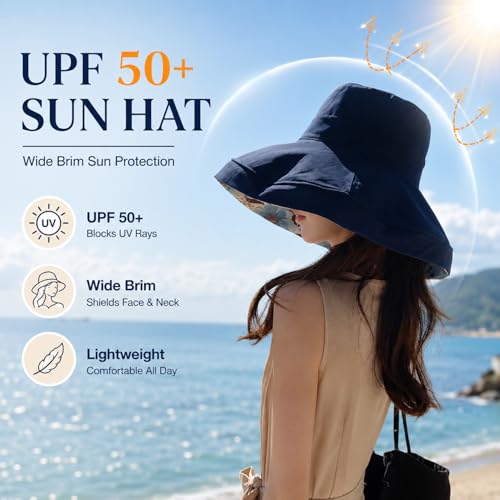HUAMULAN Women Summer Sun Hat Wide Brim Wired Edge Floral Beach Bucket Hats Reversible Foldable Travel UV Protection Lady Hat - color: M2320-navy