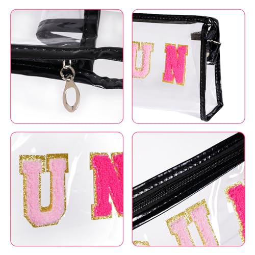 Preppy Patch Makeup Bag, Sun Chenille Letter Bag for Beach, Pouch with Zipper, Travel Bags Clear Cosmetic Toiletry Bag for Women Girls Teens (Black) - color: Black