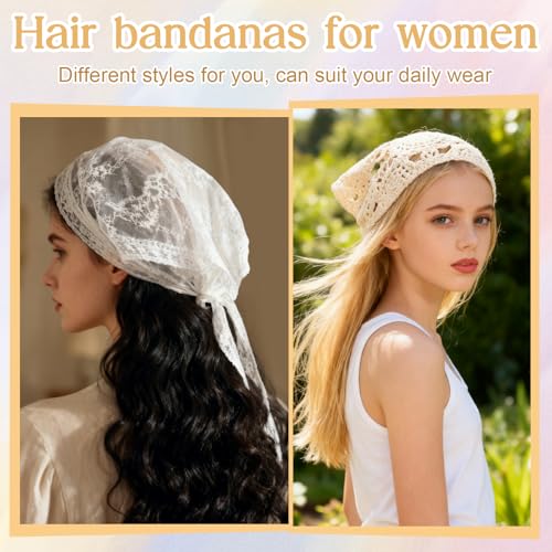 JATEBI 4PCS Women's Floral Lace Mesh Triangle Head Scarves Adjustable Boho Bandanas - color: White