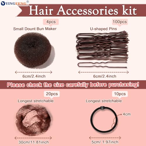 YINGFENG 134 Pcs Brown Hair Bun Maker Kit for Kids Small - 4 Hair Donuts for Buns, 20 Hair Nets for Buns, 100 U Shaped Bobby Pins, 10 Hair Bands, for Girls, Ballet Dance, Hair Accessories for Women - color: brown, size: Small