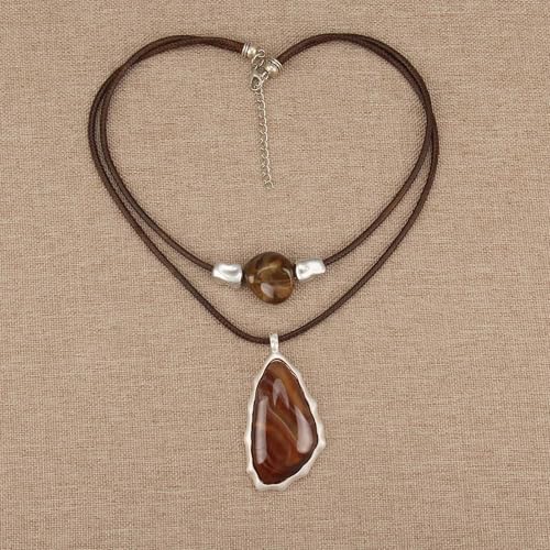 GelConnie Boho Necklaces for Women Cowgirl Necklace Stone Leather Cord Pendant Necklaces With Beads Long vintage Layered Choker Necklace - style: Brown Stone Necklace