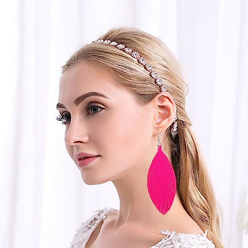 Large Genuine Soft leaf Leather Handmade Fringe Tassel Feather Lightweight Tear Drop Dangle Color Earrings for Women - color: Hot Pink