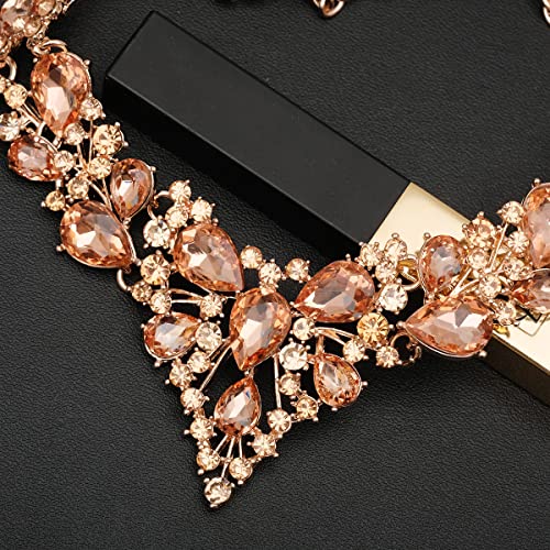 CSY 4 Pcs/Set Austrian Crystal Necklace Earrings Bracelet Ring Bridal Jewelry Sets for Brides Wedding Party Costume Accessories Gifts for Women - color: 02-rose gold-peach