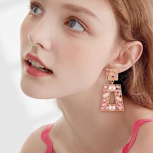 Rhinestone Rectangle Statement Earrings Colorful Crystal Geometric Drop Dangle Earrings for Women Prom Party - color: Pink