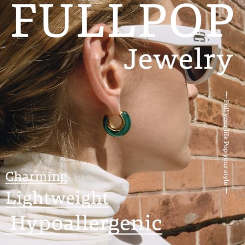 Fullpop Vintage Earrings for Women, Chunky 14K Gold Plated Resin Hoop Earrings Lightweight Hollow Drop Earrings Hypoallergenic Earrings for Women Vintage Anthropologie Jewelry Gifts for Women - size: Round-Green