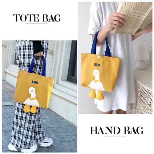 Kovewon Small Canvas Tote Bag for Women Cute Mini Duck Book Tote Bag Preppy Yellow Reusable Bags for Grocery, Essentials, Water Bottle, Keys, Book, Bible - color: Yellow Duck