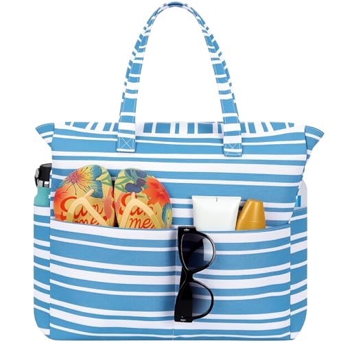 Trifabricy Beach Bags for Women Waterproof Sandproof Women Tote Bag, Large Beach Bag with Zipper for Gym Travel Vocation - color: Haze Blue