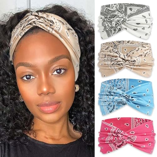 Wide Headband Boho Bandana HeadbandsFor Women Turban Head Wraps Paisley Criss Cross Wide Headbands Non Slip Hair Scarf Head Bands Cute Hairband Fashion Hair Accessories For Girls Teens 4 Pack - color: Style 136