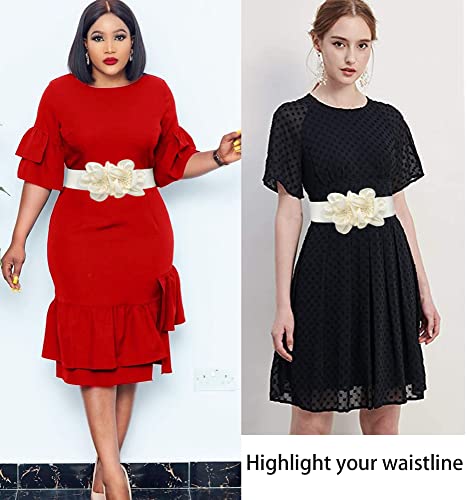 ALAIX Women's Wide Belt Stretchy Chunky Waist Belt Dress Belts Big Flower Cinch Belts Elastic Belts for Women - color: White, size: Fits Waist (25~29 inches)
