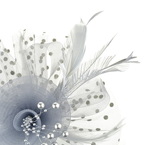 DRESHOW Fascinators Hat Flower Mesh Ribbons Feathers on a Headband and a Clip Tea Party Headwear for Girls and Women - color: 7" Diameter / Grey