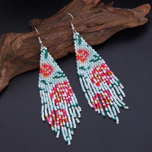 Flower Black Beaded Long Tassel Western Native American Earrings For Women Dangling - color: rose