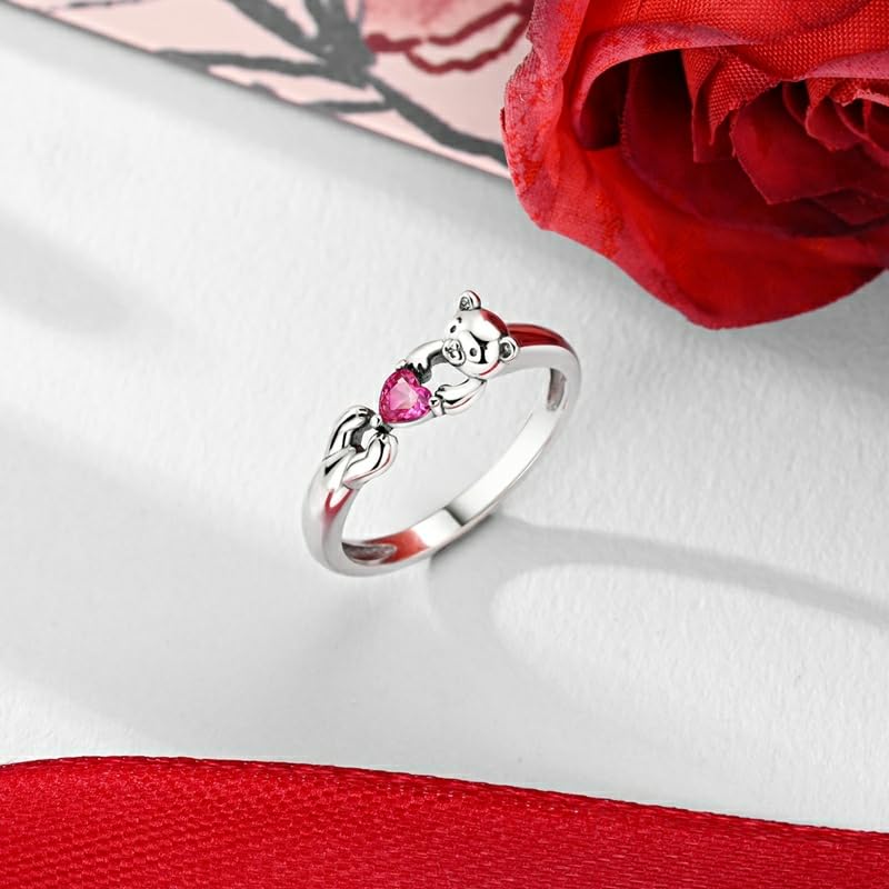 PARCOM Adjustable Women Stackable Ring, 925 Sterling Silver Open Rings - Trendy Eternity Cubic Zirconia Stackable Band Engagement Promise Ring for Her, Hypoallergenic Non Tarnish Nature Bird Floral Thumb Rings - color: Bear Hug Heart