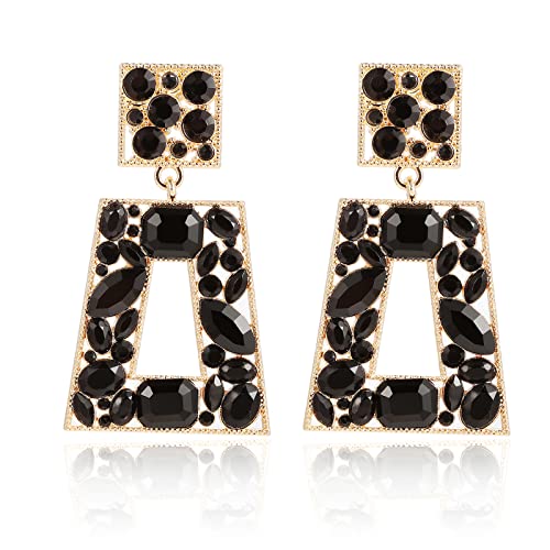 Rhinestone Rectangle Statement Earrings Colorful Crystal Geometric Drop Dangle Earrings for Women Prom Party - color: black