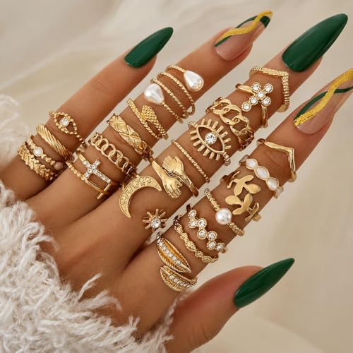 Gold Stackable Rings Set Moon Star Design Adjustable Rings for Everyday Wear Mid FingerPinky Ring Trendy Jewelry Gifts - color: L