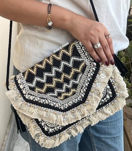 Handcrafted Boho Clutch Purse, Beaded Geometric Pattern with Fringe, Crossbody Evening Bag - color: Black