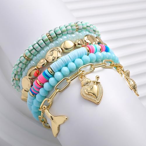 Shell Bracelet Seashell Boho Beaded Stretch Bracelets for Women Summer Beach Bracelets Starfish Charm Bracelet Stackable Gold Plated Bracelets Set for Women - color: h-blue