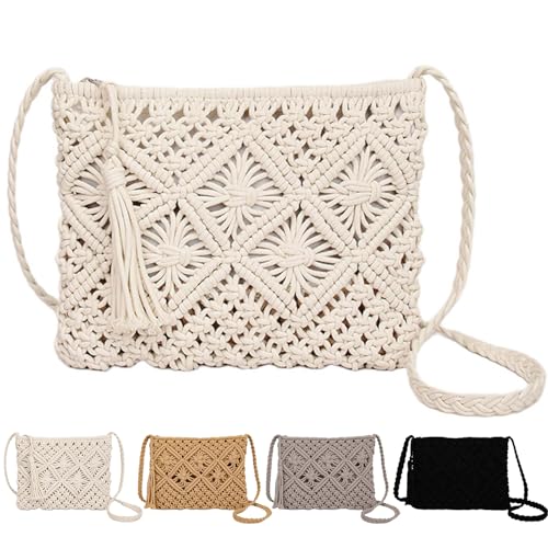 Peicees Crossbody Bag Purse For Women Bohemian Shoulder Bag Woven Crochet Purse For Summer Beach Travel Clutch Handbag - color: White