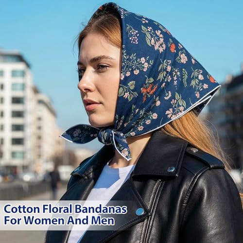 Navy Blue Floral Bandana, 21.7" Square Cotton Bandana Headscarf Hair Handkerchief, Women Bandanas Headbands for Beach Camping Running