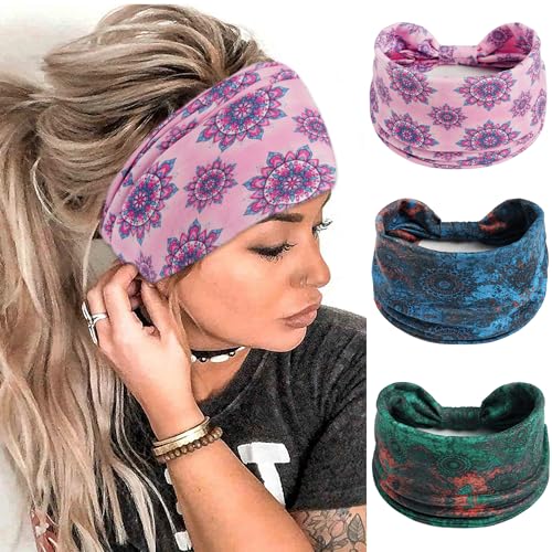 FULZTEY Boho Headbands for Women Fashion Floral Print Hairbands Knotted Wide Head Band Large African Headwraps Elastic Non Slip Yoga Workout Bandana Cotton Thick Turban Hair Accessories 3Pcs - color: Style 102