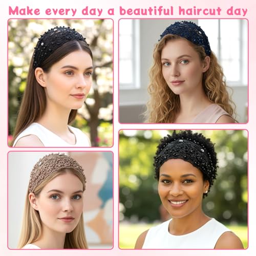 Tucnoeu 3pcs Boho-Chic Crystal & Pearl Embellished Wide Headbands, Wide Boho Pearl Headband for Wome, Floral Beaded Lace Elastic Headband Suitable for Daily Wear and Weddings Stylingvarious Holidays - color: Brown, blue, black
