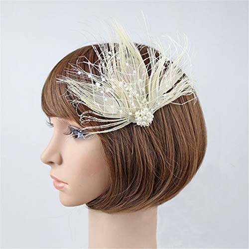 Fascinator Peacock Feather Hair Clips Flapper Headband Art Deco 20's Accessories for Women - color: 05beige