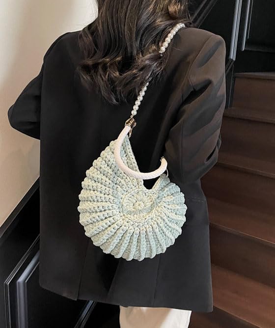 Handmade Crochet Tote Bag Seashell Purse for Women Boho Shell Handbag Crossbody Shoulder Bag Summer Beach Clutch Hobo Handbag - color: Green