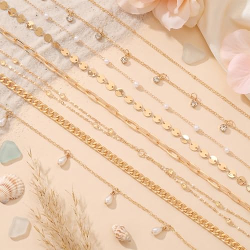8Pcs Gold Waist Chain Set for Women Sexy Belly Body Chains Pearl Sequin Snake Bead Chains Belt Beach Bikini Jewelry Accessories Set Adjustable for Summer Beach Holiday Party - color: Set 2