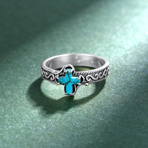 Real Genuine Turquoise Cross Ring 925 Sterling Silver Boho Style Christian Catholic Faith Jewelry Gift for Women - size: 8