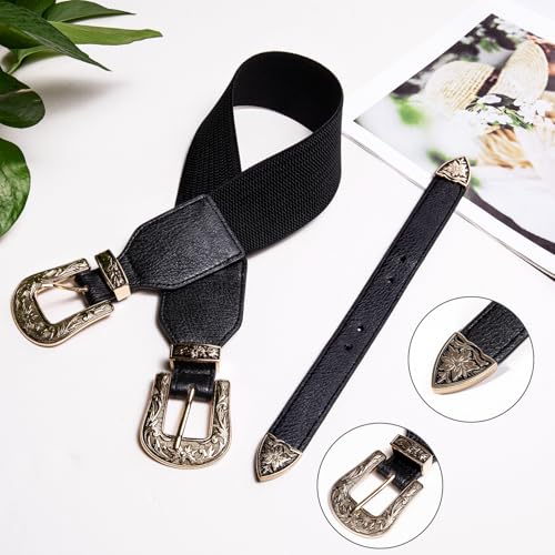 Dubulle Womens Belt Chain Leather Belts Vintage Western Adjustable Elastic Double Buckle for Cowboy Pant Dress - color: Rose Gold Black