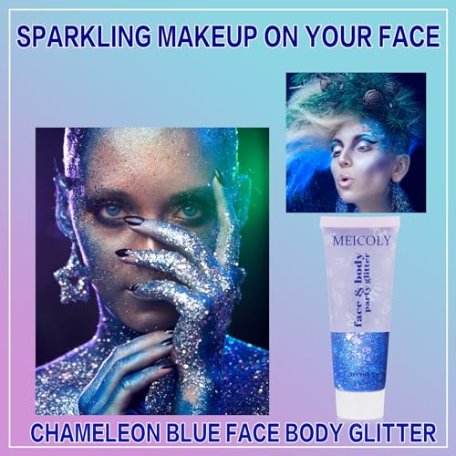 MEICOLY Chameleon Blue Hair Glitter,Holographic Chunky Face Glitter Gel,4th of July Outfits for Women, Patriotic Independence Day 4th of July Body Glitter - color: chameleon blue body glitter