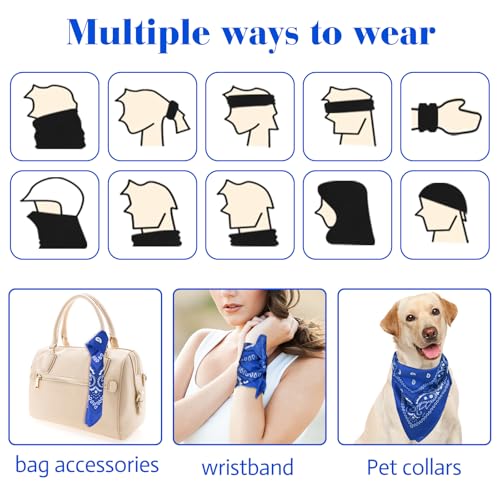 PLULON Bandanas for Men Women 4/12/24/30 Pack, Paisley Pattern Bandana Bulk Headbands Handkerchief Face Mask 100% Polyester - color: Blue