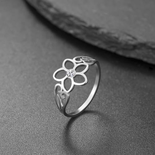 TEAMER Bohemian Hollow Flower Ring Stainless Steel Rhinestone Flower Ring Wedding Band Ring Exquisite Jewelry for Women - color: Silver - Flower With Rhinestone