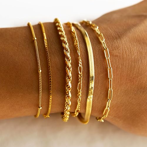 Dearmay Gold Bracelets for Women Waterproof, 14K Gold Plated Minimalist Bracelets Stack Non Tarnish Trendy Dainty Herringbone Vintage Cuban Paperclip Rope Thin Box Link Chain Stackable Jewelry Sets Modern Fashion Accessories Gifts for Womens - style: 6Pcs