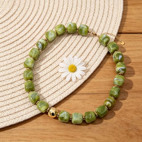 Chunky Beaded Necklace for Women Boho Colorful Statement Choker Necklaces Summer Beach Resin Jewelry Accessories - color: Lime Green