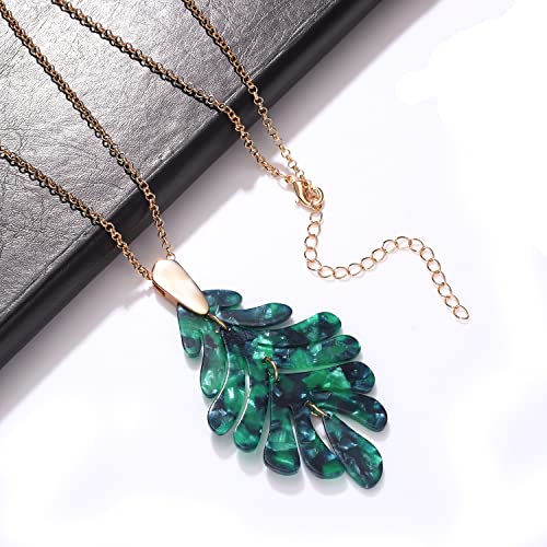 ARATLENCH Acrylic Pendant necklace Earrings – Long Statement Leaf Charm Necklace Tortoise Resin Palm Leaf Earrings Fashion Necklaces Earrings for Women - color: green-necklace