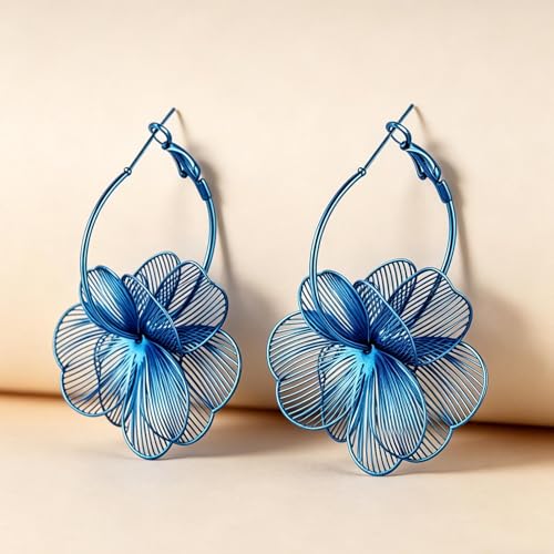 Gold Flower Statement Earrings for Women Boho Trendy Hoop Earrings Floral Dangle Petal Earring Prom Wedding Jewelry Gifts - color: A7:blue