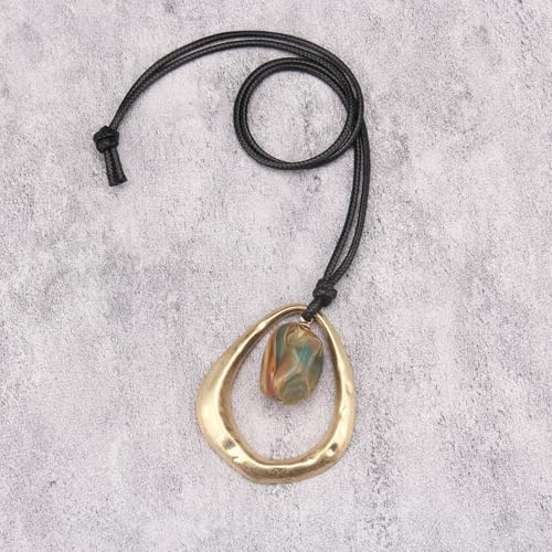 Bohemian Women's Leather Long Pendant Necklace Sweater necklace Adjustable Retro Woven Handmade Jewelry - color: Gold Water Drop Green Stone