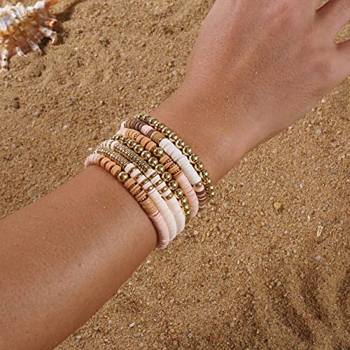 Elegance 11 designs Heishi Beaded Bracelets For Women Polymer Clay Colorful Surfer Stackable Beads Boho Bracelet Summer Beach Jewelry - color: Light pink