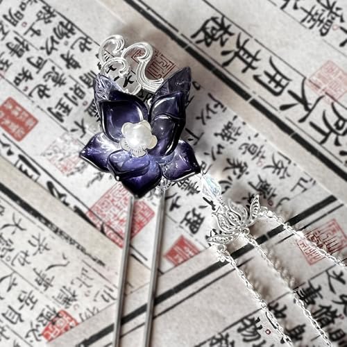 Deep Purple Camellia Flower with Pearl Tassels Hairpin Chinese Hanfu Handmade Hair Clip Hair Accessories for Women Girls Long Hair (Deep Blue Purple Camellia) - color: Deep Blue Camellia