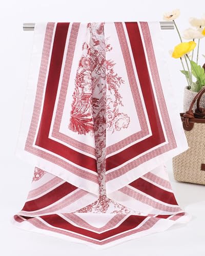 AWAYTR 27.5” Square Satin Head Scarf Hair Scarf for Women's Hair Silk Bandana for Women Silk Head Wrap for Sleeping - color: Landscape Painting (Red)