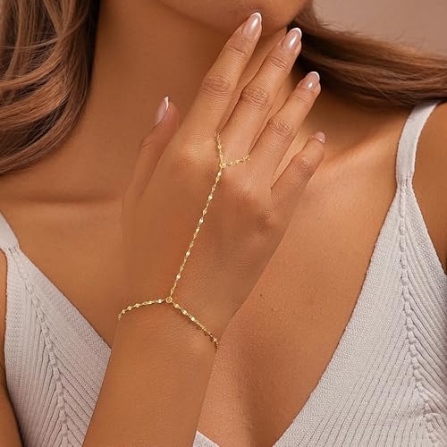 Gokeey Gold Hand Chain Bracelet for Women Trendy, Dainty 14k Gold Plated Ring Bracelet Hand Chain Finger Ring Slave Cuff Bracelet Cubic Zircon Hand Jewelry for Women Accessories - style: lip hand chain